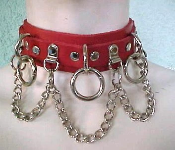 Ape Leather Red Leather Bondage Choker With 3 Rings, Clips And Chain 3 Ape Leather Red Leather Bondage Choker With 3 Rings, Clips And Chain