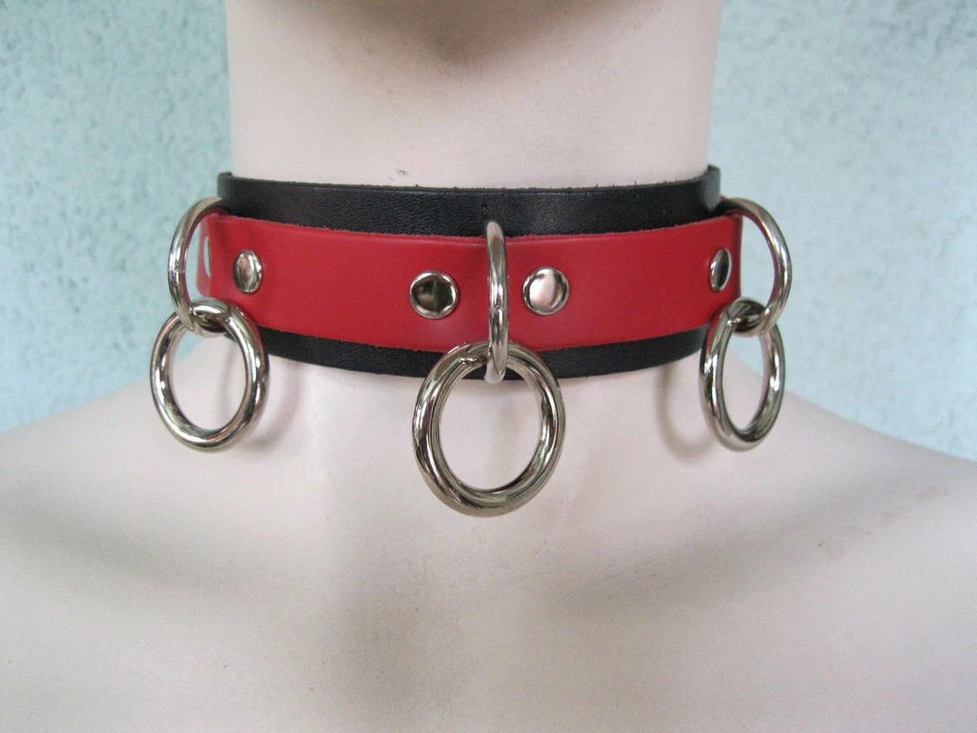Ape Leather Men's Stuff Red On Black Leather Bondage Choker With 3 Rings 3 Ape Leather Men's Stuff Red On Black Leather Bondage Choker With 3 Rings