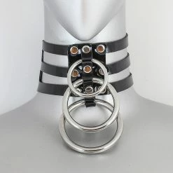 Funk Plus Triple Silver Ring Choker - Black Vinyl Chokers And Collars