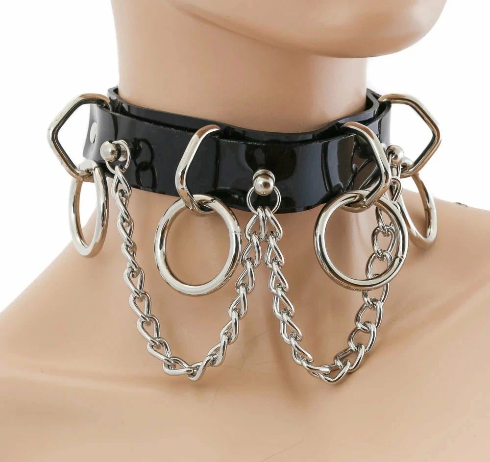 Funk Plus Chokers And Collars Black Vinyl 4-Ring Hanging Chain Choker 3 Funk Plus Chokers And Collars Black Vinyl 4-Ring Hanging Chain Choker
