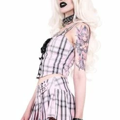 Lip Service Lace Up Front Top In Pink Plaid