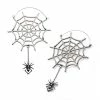 BodyVibe Stainless Steel With Silver Plated Spider Web And Dangling Spider Plug Hoops