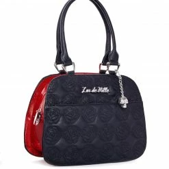 Lux De Ville Skull And Roses Tote Black Matte With Venom Red Sparkle