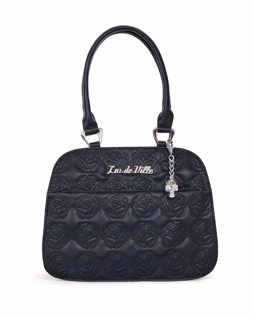 Lux De Ville Skull And Roses Tote Black Matte With Venom Red Sparkle