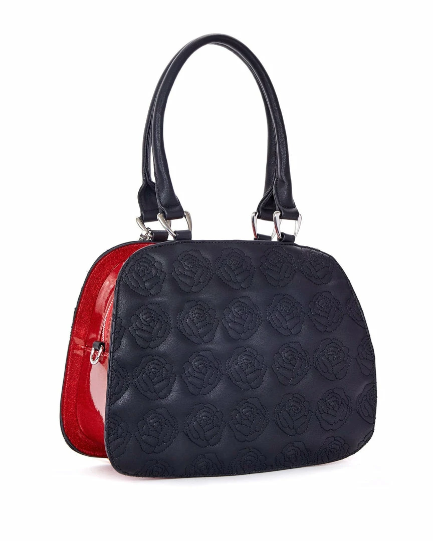 Lux De Ville Skull And Roses Tote Black Matte With Venom Red Sparkle