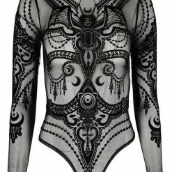 Restyle Black Gothic Jewel Bat Mesh Bodysuit