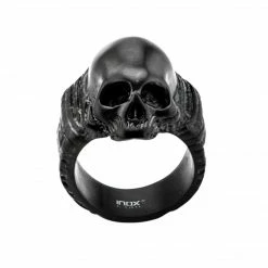 INOX Stainless Steel Black Plated Matte Finish Skull Ring