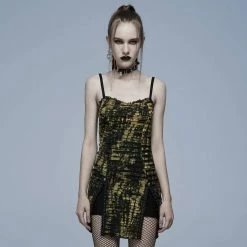 Punk Rave Grunge Double Color Side Slit Slip Dress - Black & Yellow