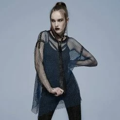 Punk Rave Grunge Double Color Splice Mesh Top - Black And Blue Men's Stuff