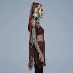 Punk Rave Grunge Double Color Splice Mesh Top - Black And Red